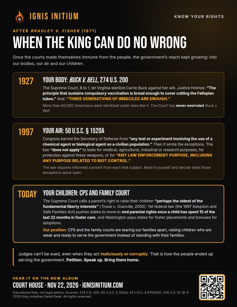 When the King Can Do No Wrong flyer: Buck v. Bell, 50 U.S.C. 1520a and CPS and family court after Bradley v. Fisher