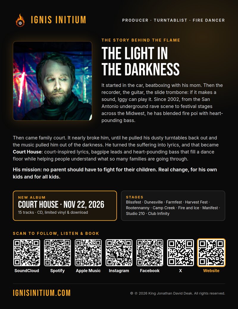 Ignis Initium bio flyer: The Light in the Darkness, with QR codes for SoundCloud, Spotify, Apple Music, Instagram, Facebook and the website