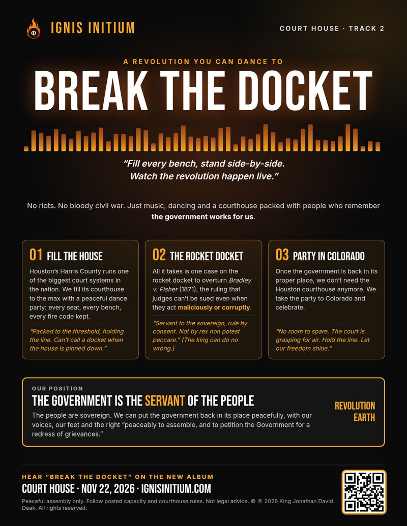 Break the Docket flyer: a peaceful dance-party revolution to overturn Bradley v. Fisher