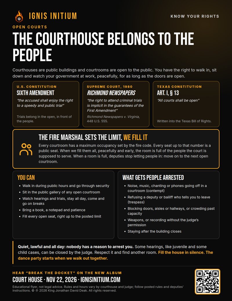 The Courthouse Belongs to the People flyer: open courts, fire-code capacity and how to stay all day lawfully